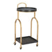 Metal serving cart with black tray and gold frame on a white background