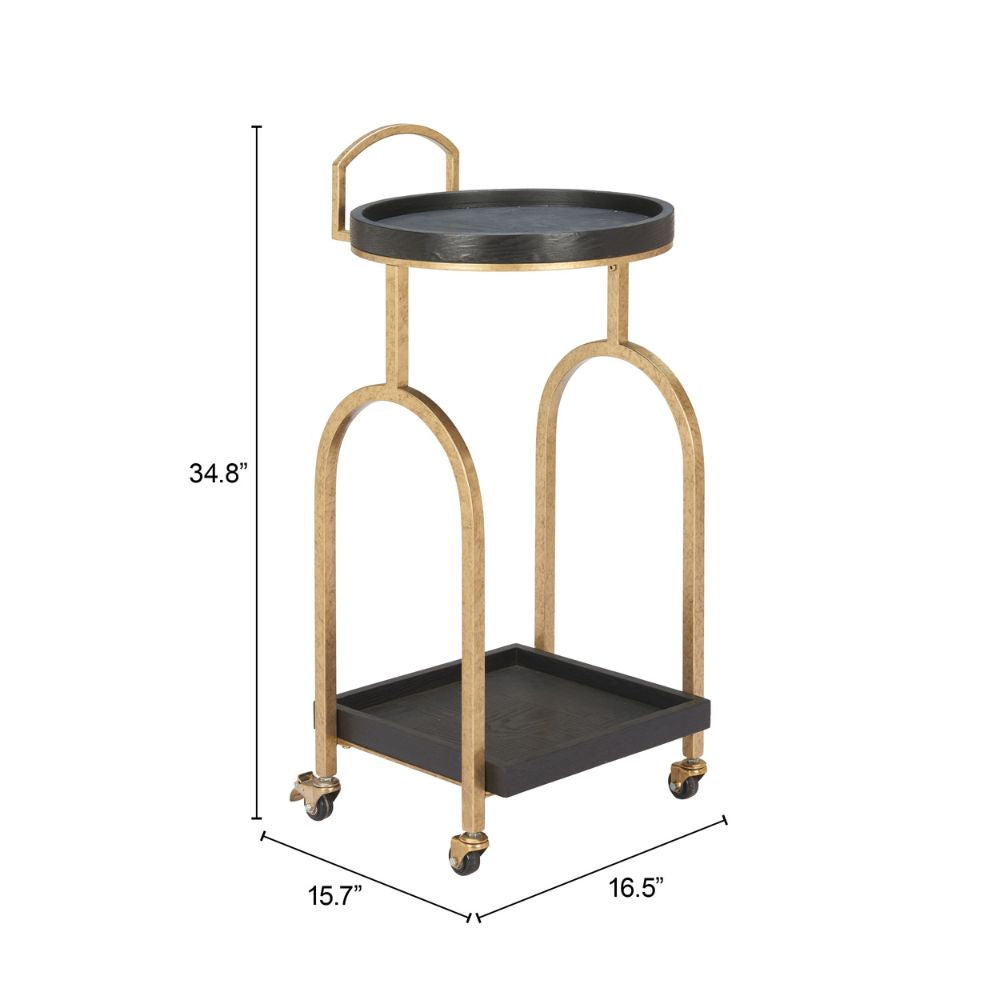 Small black metal cart with gold accents and dimensions on a white background