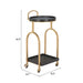 Small black metal cart with gold accents and dimensions on a white background