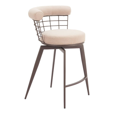 Bar stool with wireframe backrest and beige cushion on a white background