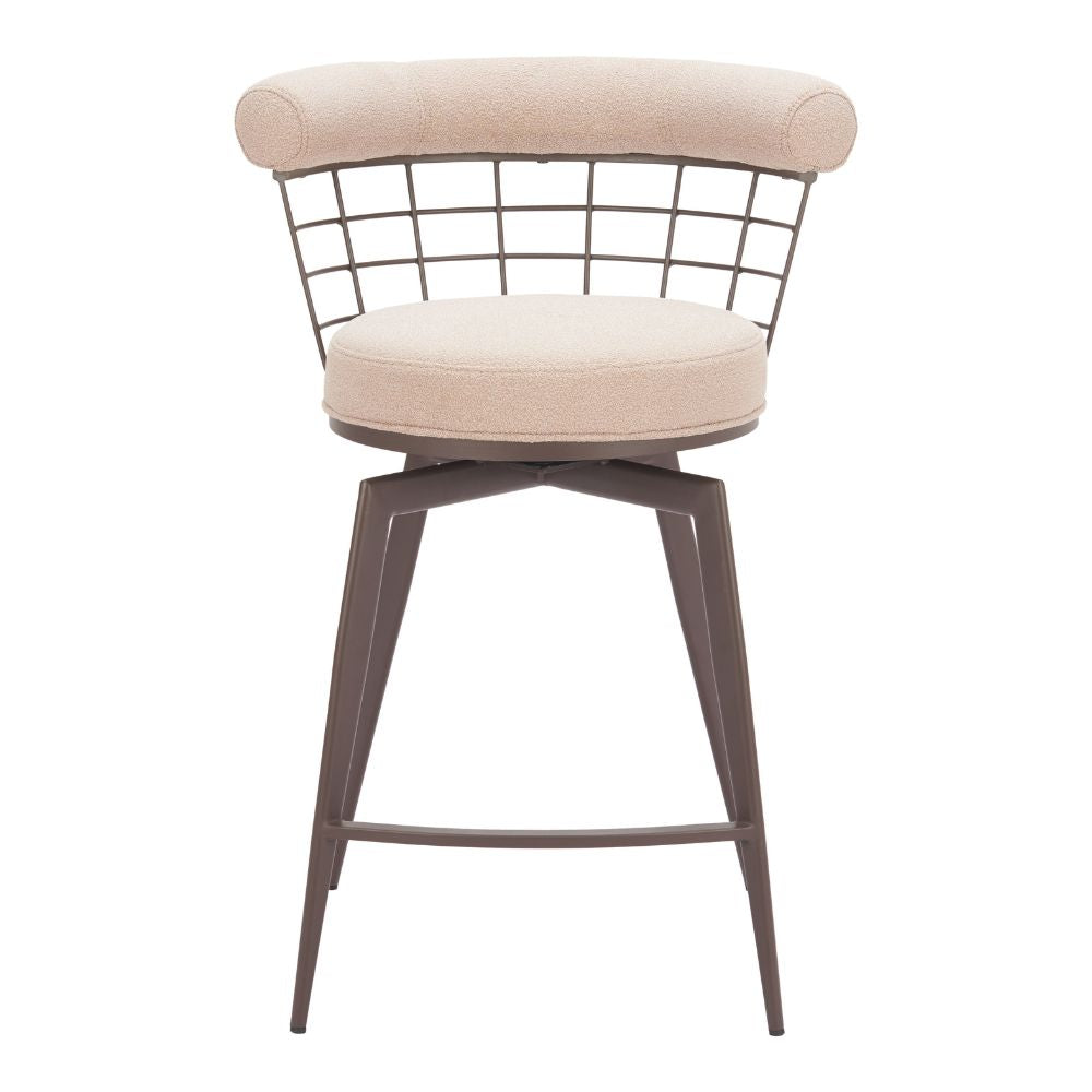 Bar stool with beige cushioned seat and backrest on a white background