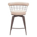 Bar stool with beige cushioned seat and backrest on a white background