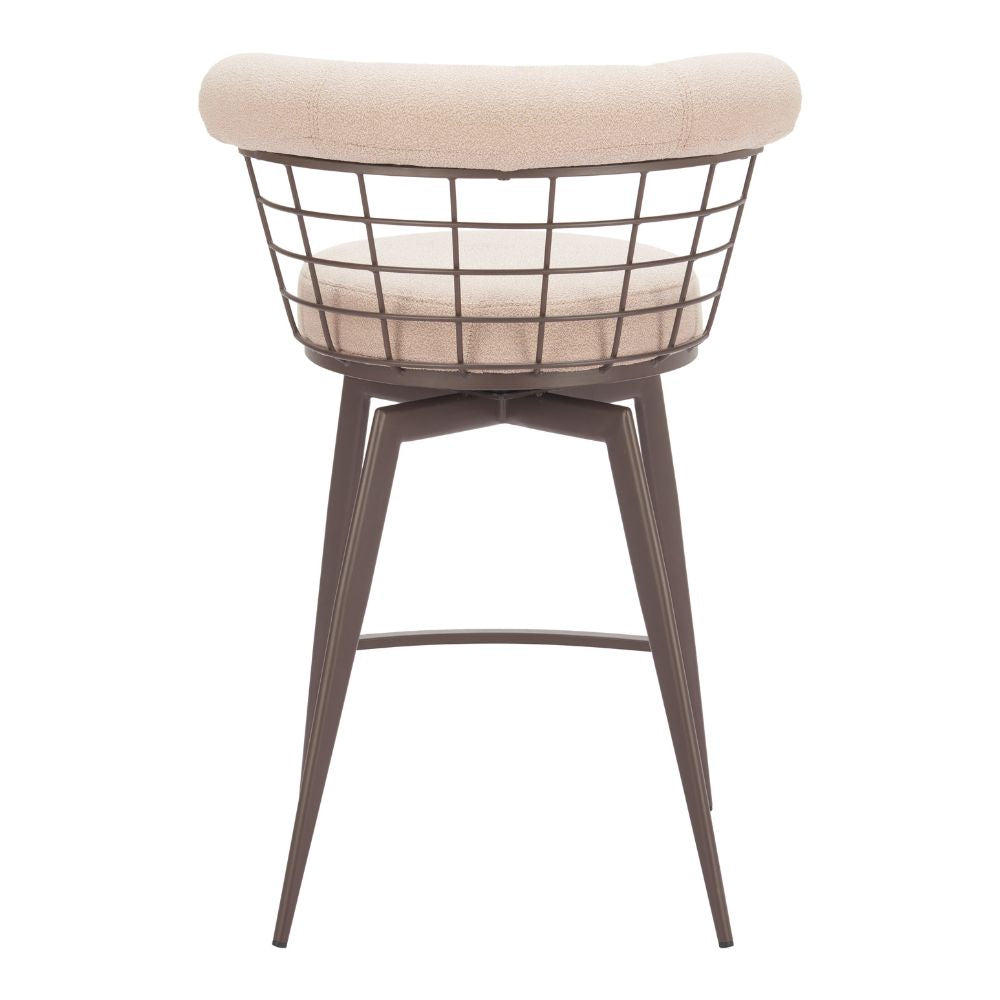 Stool with wireframe design and beige cushion on a white background