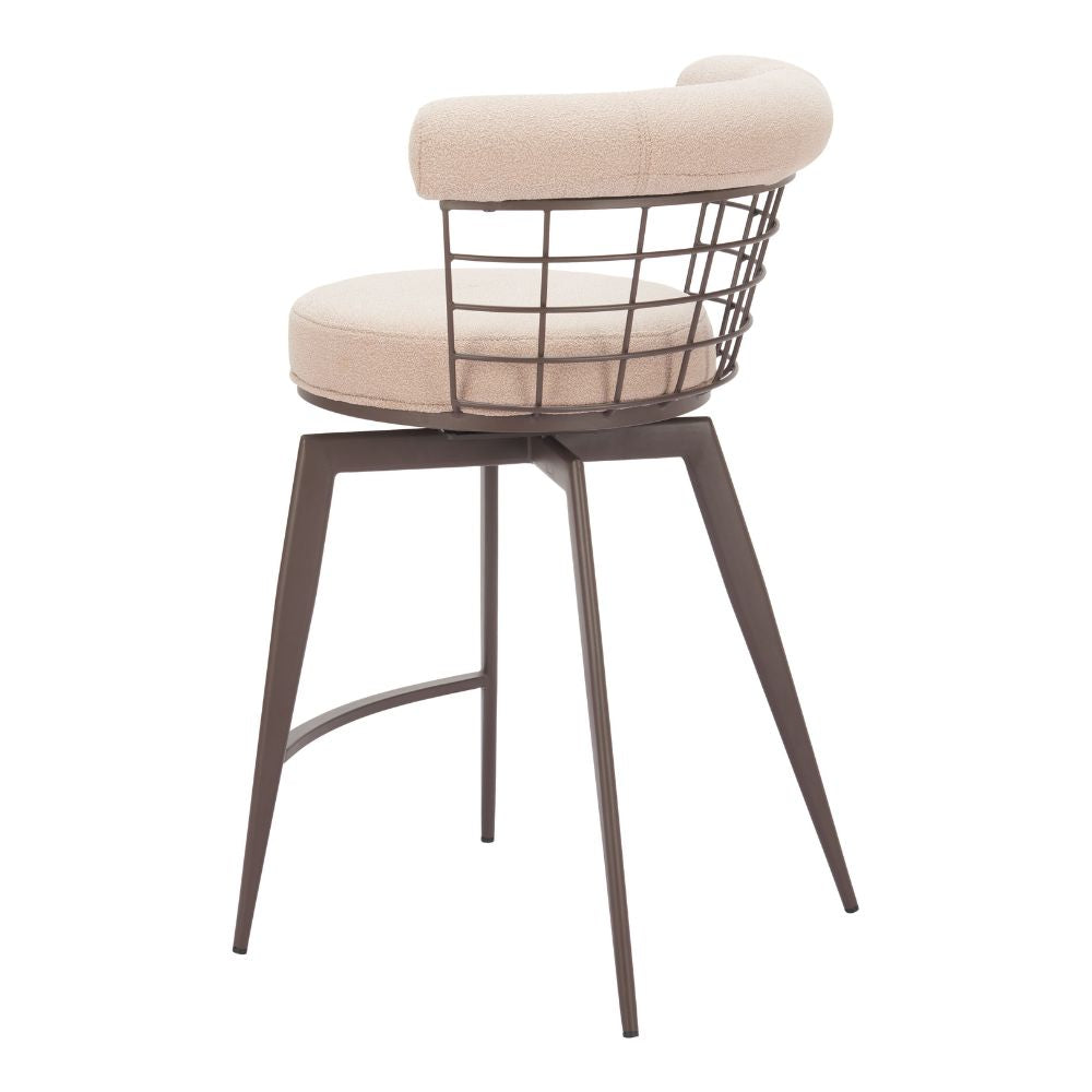 Bar stool with wireframe design and beige cushion on a white background