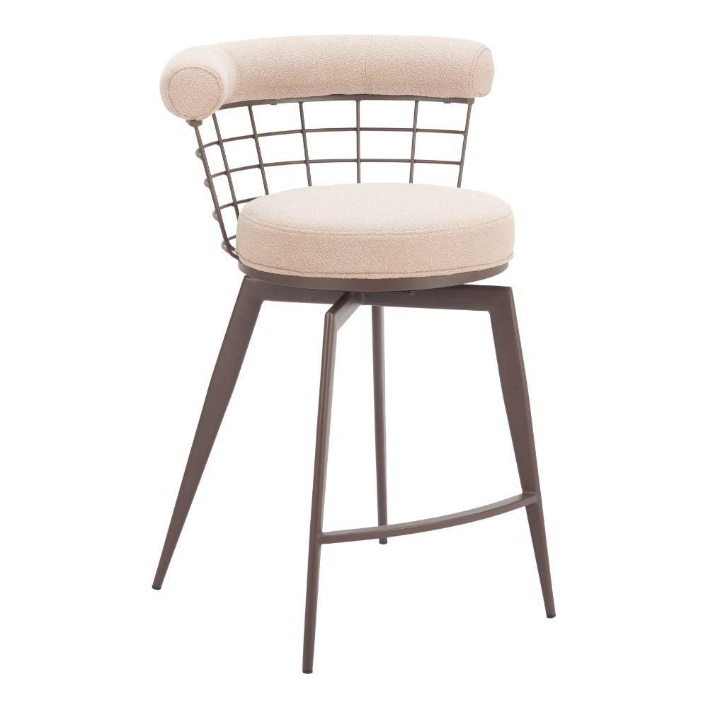 Bar stool with wire backrest and beige cushion on a white background