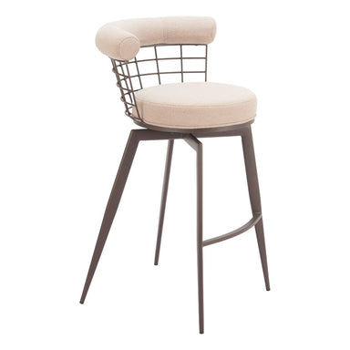 Bar stool with wire backrest and beige cushion on a white background