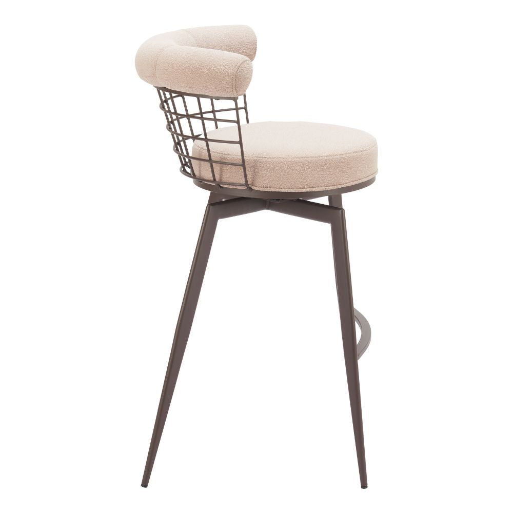 Modern bar stool with wire backrest and beige cushion on a white background