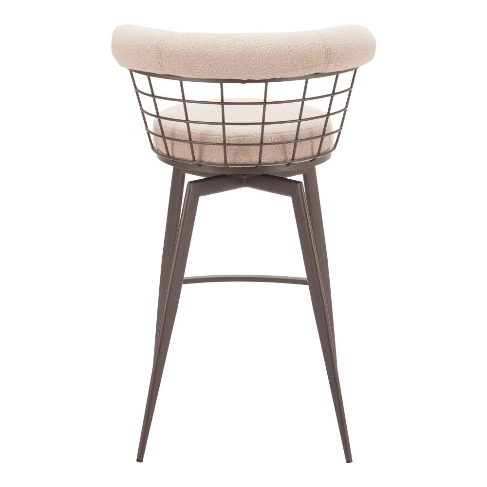 Bar stool with wire basket backrest and beige cushion on a white background