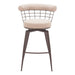 Bar stool with metal wire backrest and beige cushion on a white background