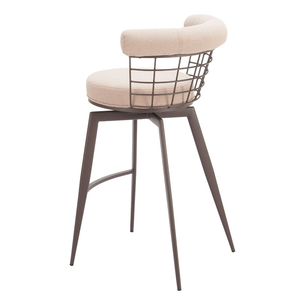 Stool with wireframe design and beige cushion on a white background