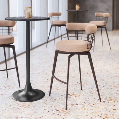 Bar stools with wireframe backrests and beige cushioned seats around a black bar table.