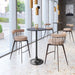 Modern bar stools with metal wire backrests and beige cushioned seats around a black bar table in a stylish interior setting.