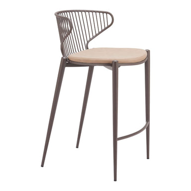 Bar stool with metal frame and beige cushion on a white background