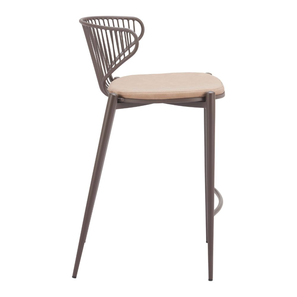 Bar stool with wooden seat and metal frame on a white background