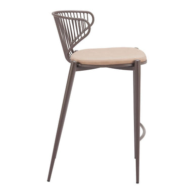 Bar stool with wooden seat and metal frame on a white background