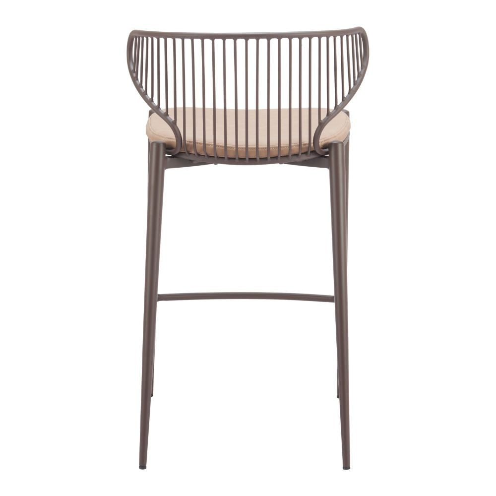 Bar stool with metal frame and beige cushion on a white background