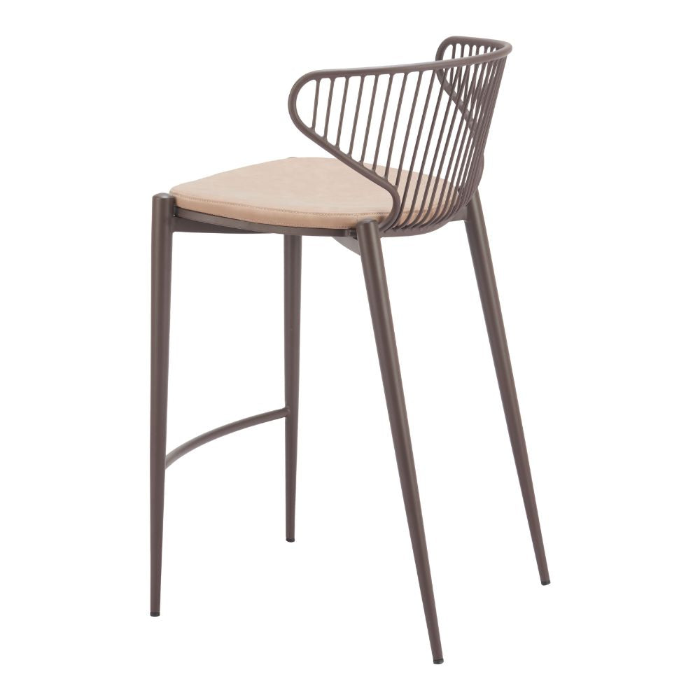 Bar stool with metal frame and beige cushion on a white background
