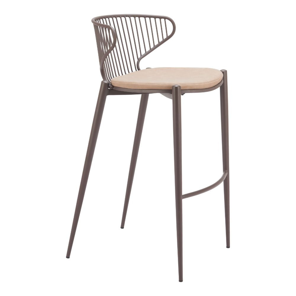 Bar stool with metal frame and beige cushion on a white background