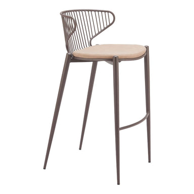 Bar stool with metal frame and beige cushion on a white background