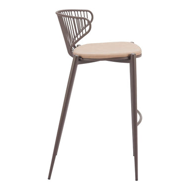 Bar stool with wooden seat and metal frame on a white background