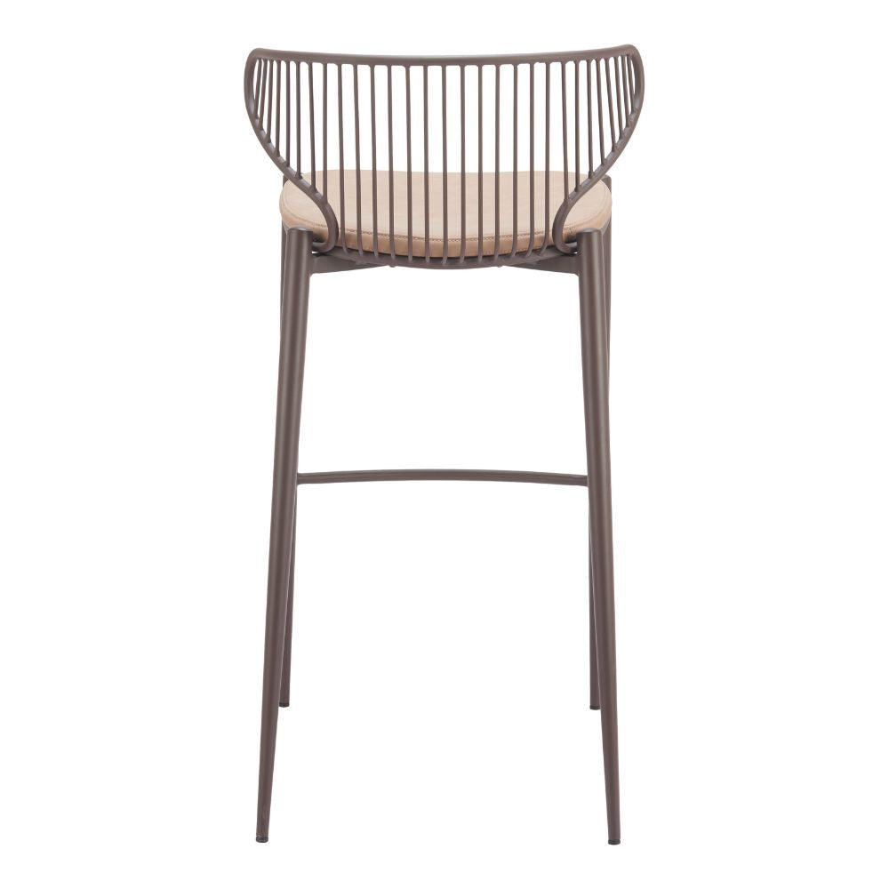Bar stool with metal frame and beige cushion on a white background
