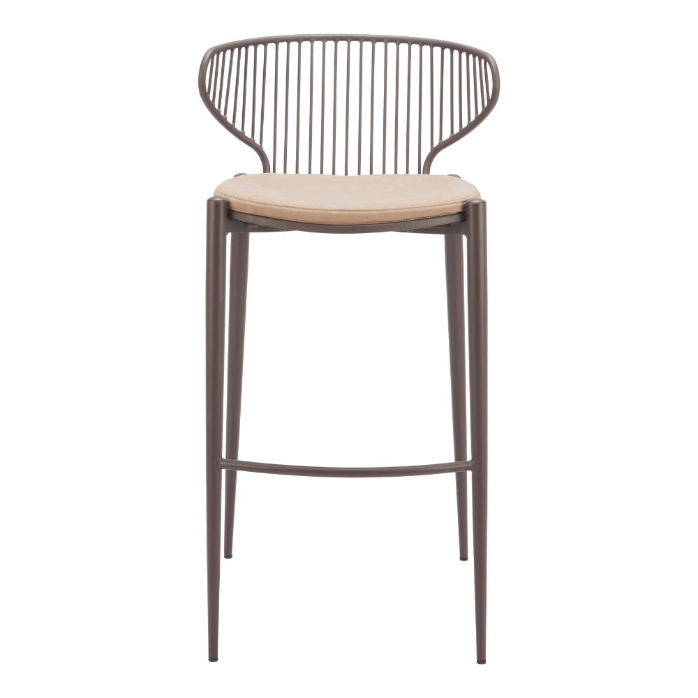 Bar stool with metal frame and beige cushion on a white background
