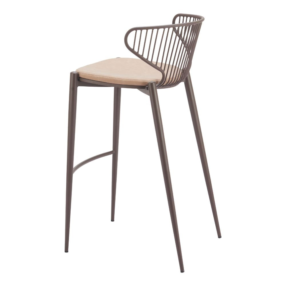 Bar stool with metal frame and beige cushion on a white background