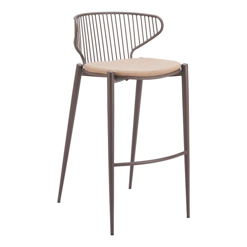 Bar stool with metal frame and beige cushion on a white background