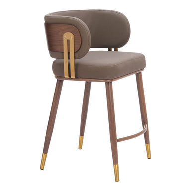 Chair with brown cushioned seat and backrest, wooden frame, and gold accents on a white background