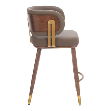 Modern chair with brown cushioned seat and backrest, wooden legs, and gold accents on a white background.