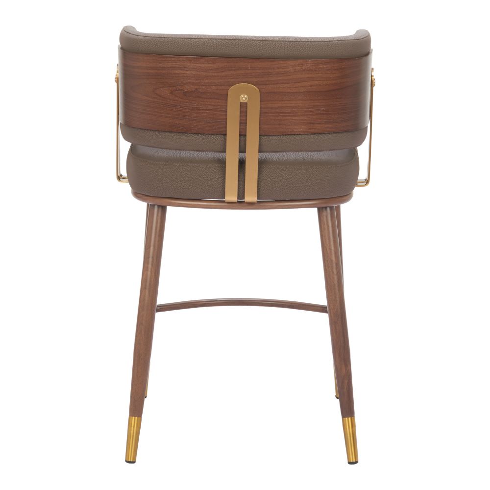 Wooden chair with brown cushioned seat and backrest on a white background