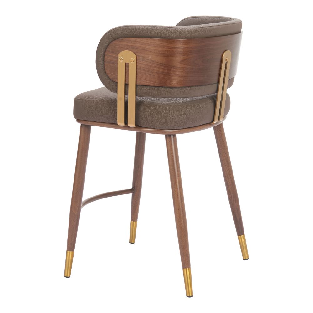 Chair with brown leather seat and backrest, wooden frame, and gold accents on a white background