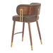 Chair with brown leather seat and backrest, wooden frame, and gold accents on a white background
