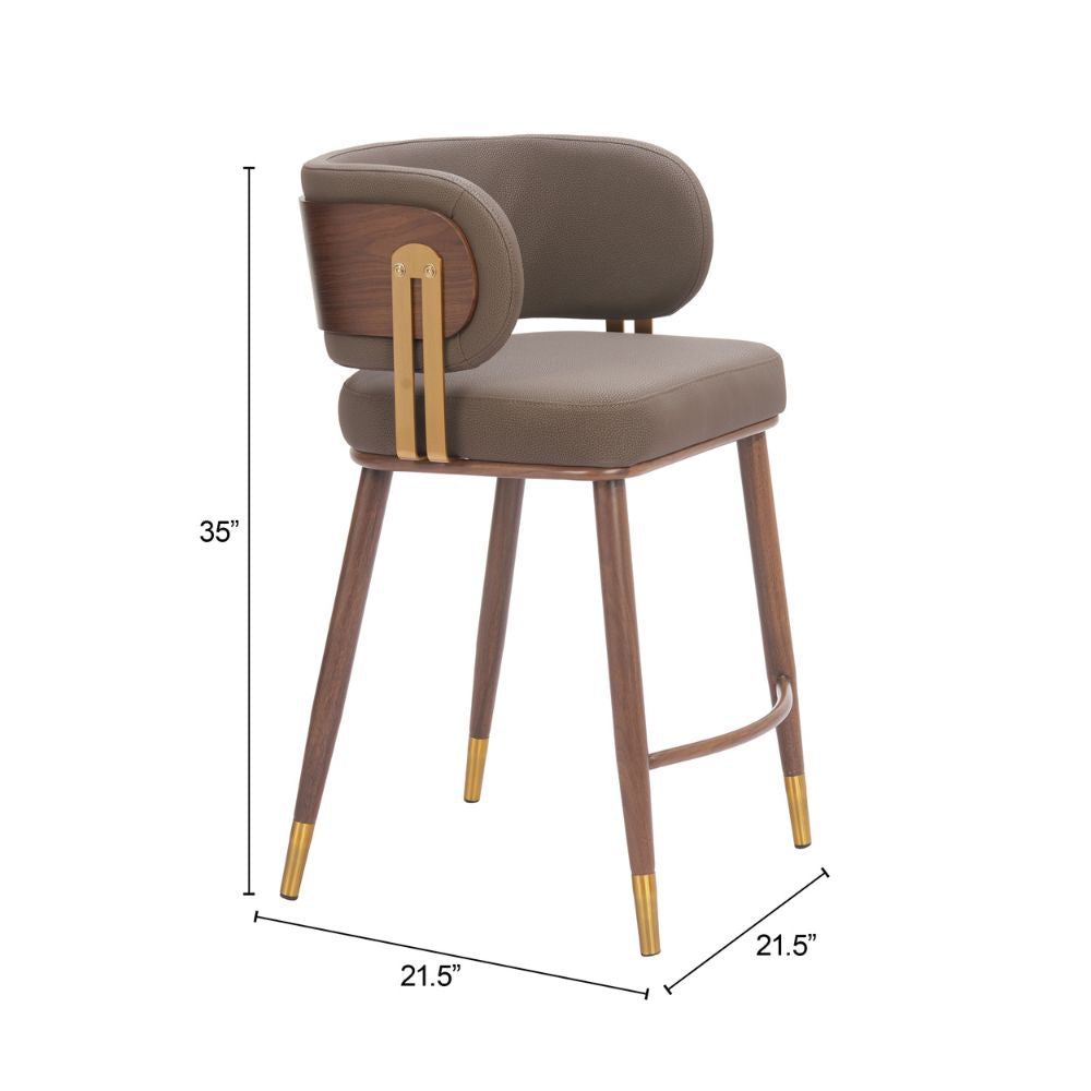 Brown bar stool with gold accents and dimensions on a white background