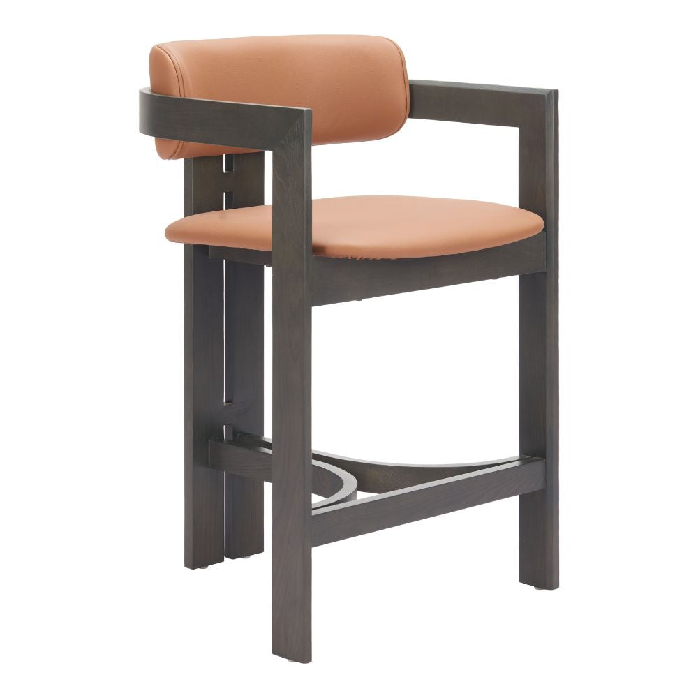 Bar stool with brown cushioned seat and backrest on a white background