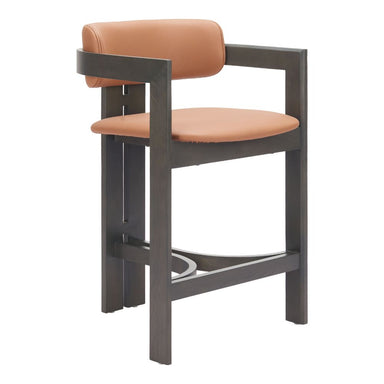 Bar stool with brown cushioned seat and backrest on a white background