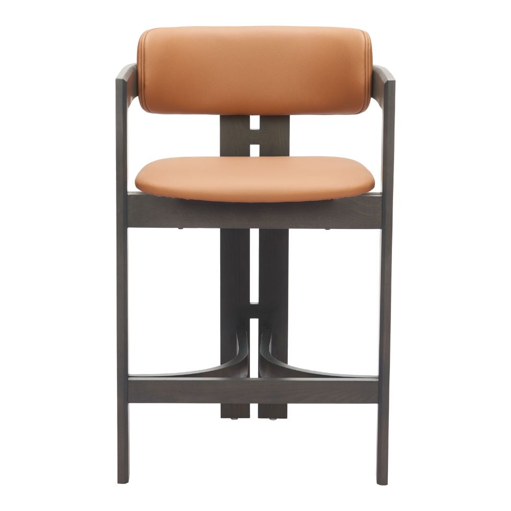 Bar stool with brown cushioned seat and backrest on a white background