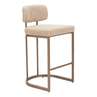 Beige bar stool with a cushioned seat and backrest on a white background