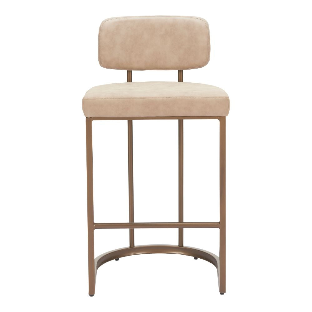 Beige bar stool with cushioned seat and backrest on a white background