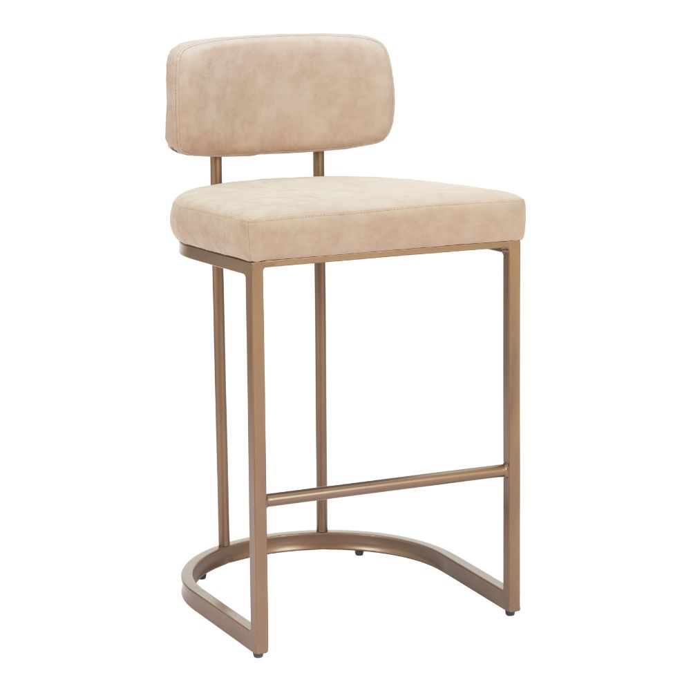 Beige bar stool with cushioned seat and backrest on a white background