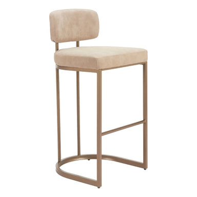 Beige bar stool with cushioned seat and backrest on a white background