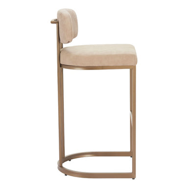 Beige bar stool with cushioned seat and backrest on a white background