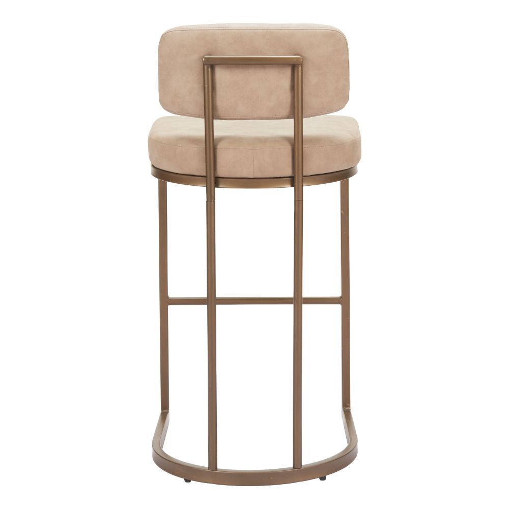 Beige bar stool with gold metal frame on a white background