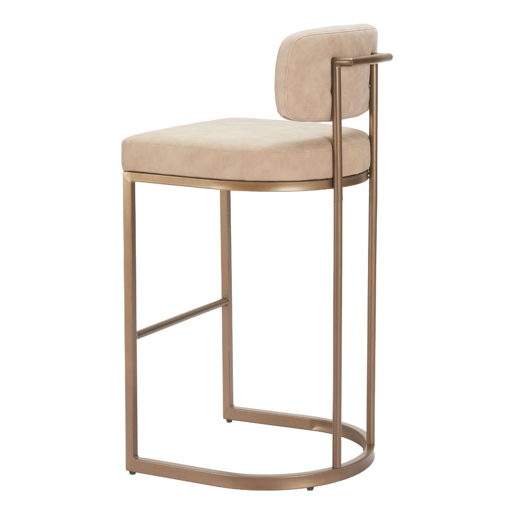 Beige bar stool with gold metal frame on a white background