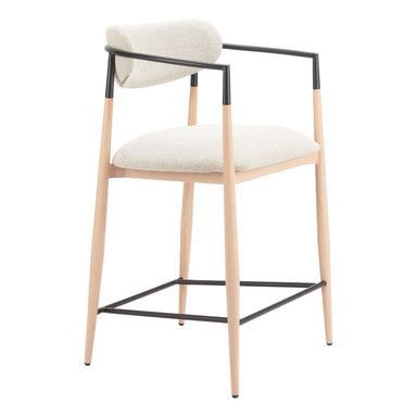 Bar stool with beige cushioned seat and backrest on a white background