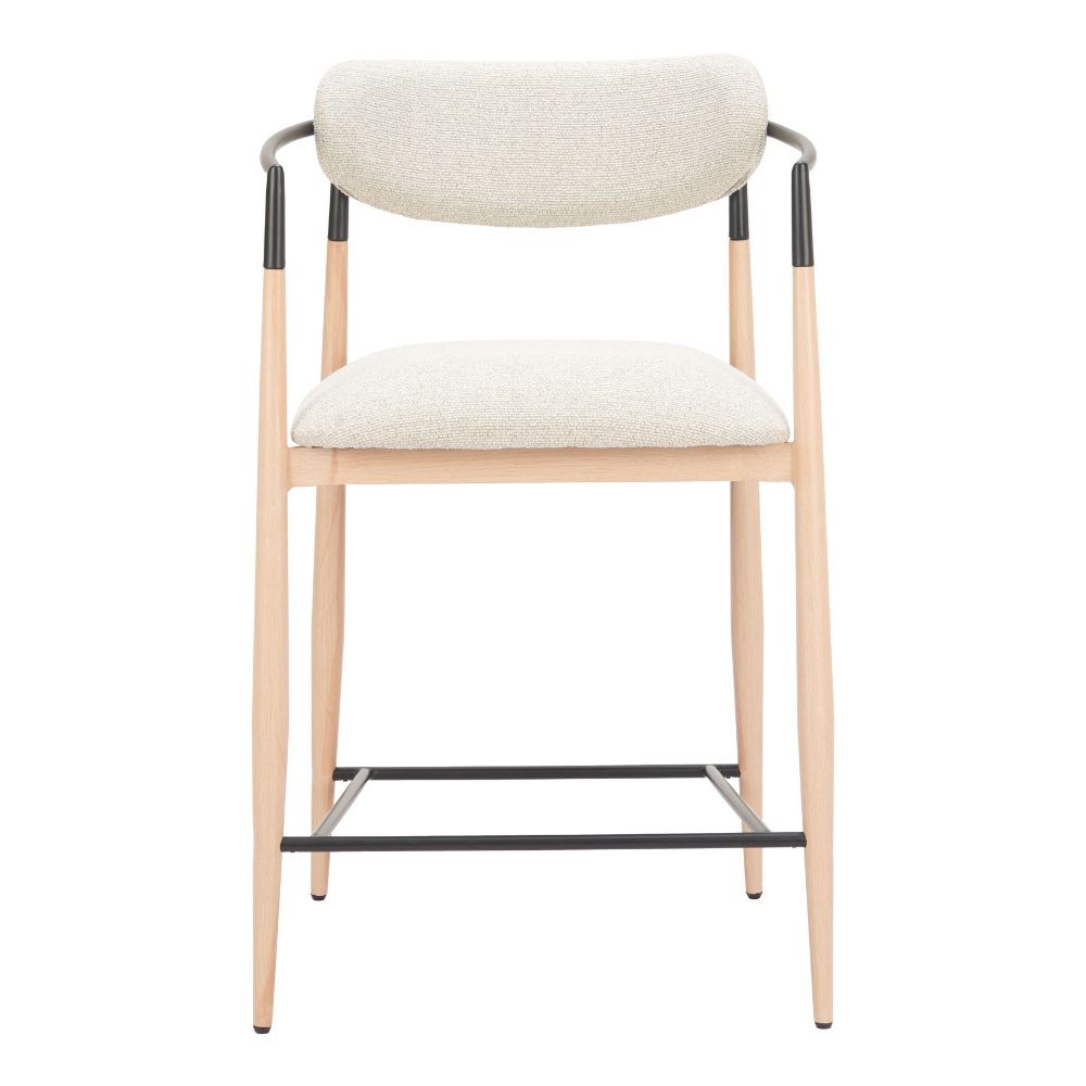 Bar stool with white cushioned seat and backrest on a white background