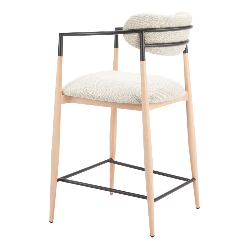 Bar stool with beige cushioned seat and backrest on a white background