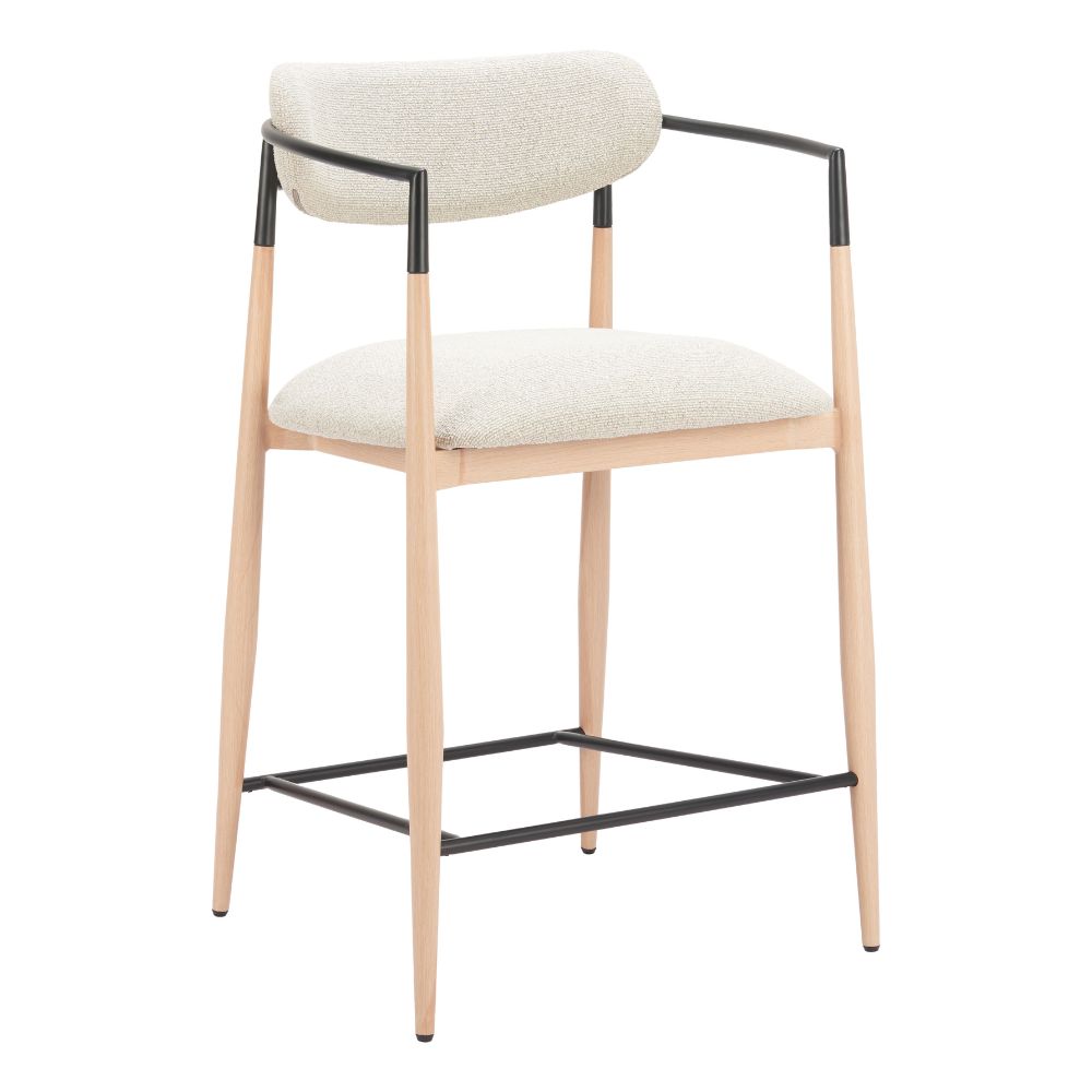 Bar stool with beige cushioned seat and backrest on a white background