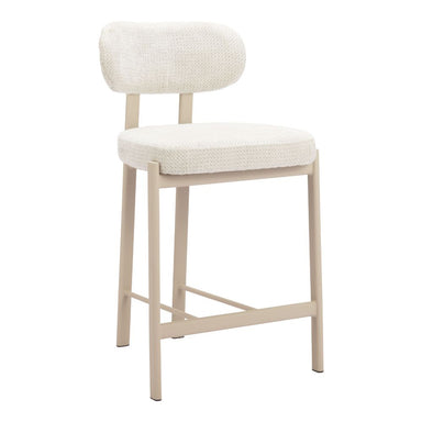 Beige bar stool with cushioned seat and backrest on a white background