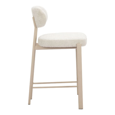 Beige bar stool with white cushioned seat and backrest on a white background